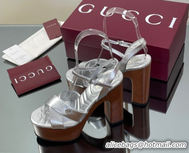 Shop Cheap Gucci Platform Sandals 13cm with Wood-Like Outsole in Metallic Leather Silver 50711147