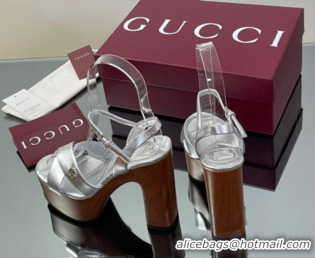 Shop Cheap Gucci Platform Sandals 13cm with Wood-Like Outsole in Metallic Leather Silver 50711147