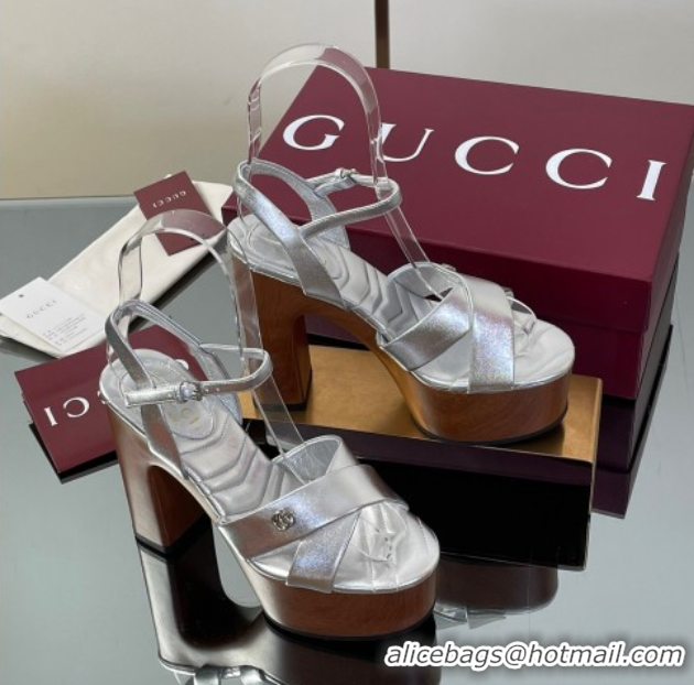 Shop Cheap Gucci Platform Sandals 13cm with Wood-Like Outsole in Metallic Leather Silver 50711147