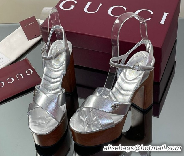 Shop Cheap Gucci Platform Sandals 13cm with Wood-Like Outsole in Metallic Leather Silver 50711147