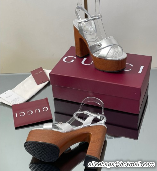 Shop Cheap Gucci Platform Sandals 13cm with Wood-Like Outsole in Metallic Leather Silver 50711147