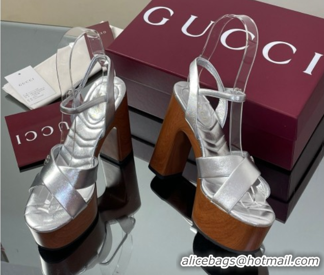 Shop Cheap Gucci Platform Sandals 13cm with Wood-Like Outsole in Metallic Leather Silver 50711147