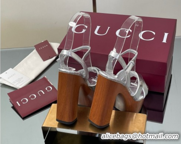 Shop Cheap Gucci Platform Sandals 13cm with Wood-Like Outsole in Metallic Leather Silver 50711147