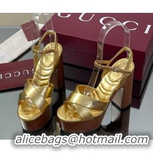 Good Quality Gucci Platform Sandals 13cm with Wood-Like Outsole in Metallic Leather Gold 50711148