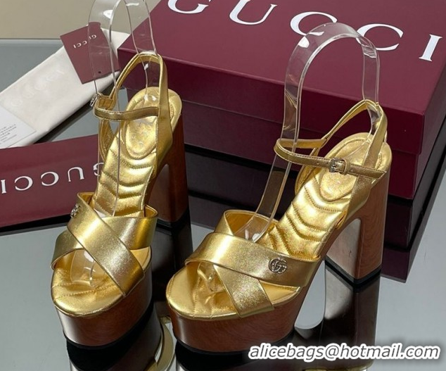 Good Quality Gucci Platform Sandals 13cm with Wood-Like Outsole in Metallic Leather Gold 50711148