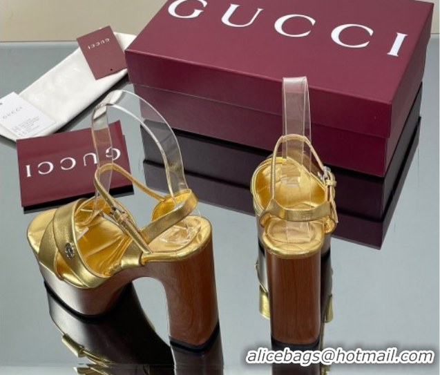 Good Quality Gucci Platform Sandals 13cm with Wood-Like Outsole in Metallic Leather Gold 50711148