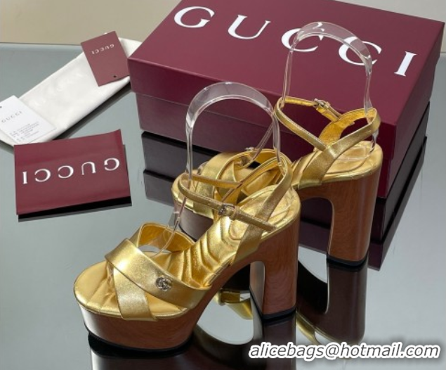 Good Quality Gucci Platform Sandals 13cm with Wood-Like Outsole in Metallic Leather Gold 50711148