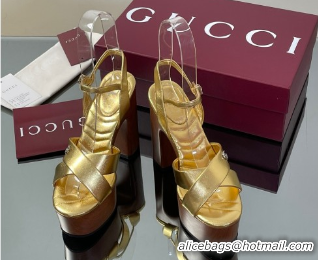 Good Quality Gucci Platform Sandals 13cm with Wood-Like Outsole in Metallic Leather Gold 50711148