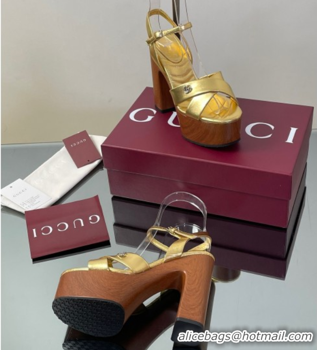Good Quality Gucci Platform Sandals 13cm with Wood-Like Outsole in Metallic Leather Gold 50711148