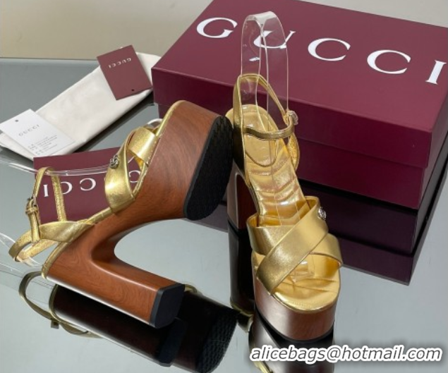 Good Quality Gucci Platform Sandals 13cm with Wood-Like Outsole in Metallic Leather Gold 50711148