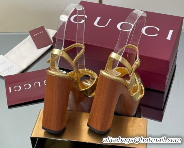 Good Quality Gucci Platform Sandals 13cm with Wood-Like Outsole in Metallic Leather Gold 50711148
