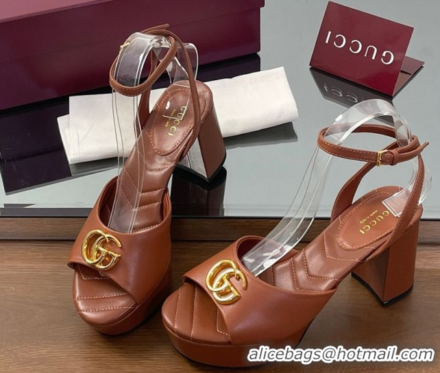 Pretty Style Gucci Leather Platform Sandals 8.5cm with Double G Brown 50711150