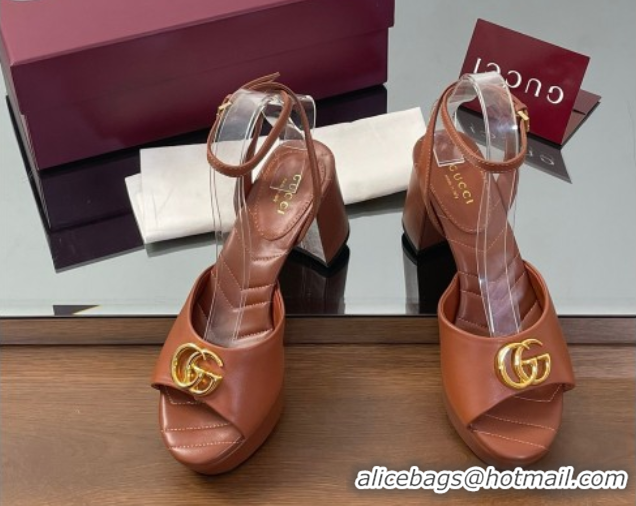 Pretty Style Gucci Leather Platform Sandals 8.5cm with Double G Brown 50711150