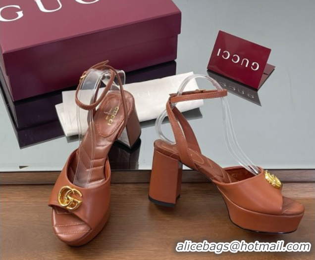Pretty Style Gucci Leather Platform Sandals 8.5cm with Double G Brown 50711150