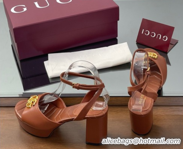 Pretty Style Gucci Leather Platform Sandals 8.5cm with Double G Brown 50711150