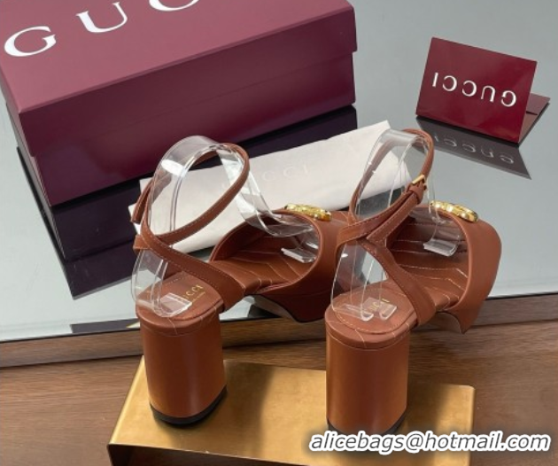 Pretty Style Gucci Leather Platform Sandals 8.5cm with Double G Brown 50711150
