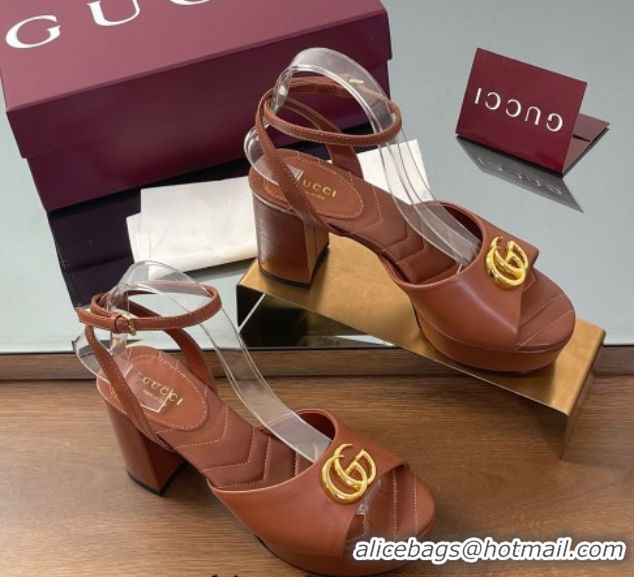 Pretty Style Gucci Leather Platform Sandals 8.5cm with Double G Brown 50711150