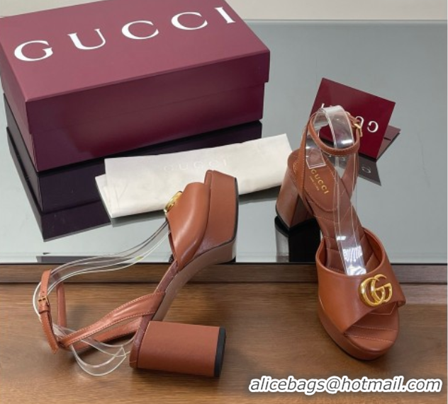 Pretty Style Gucci Leather Platform Sandals 8.5cm with Double G Brown 50711150