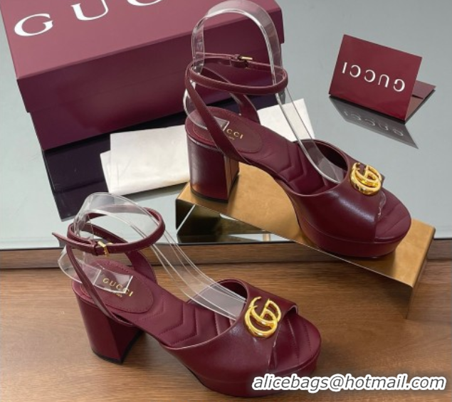 Luxurious Gucci Leather Platform Sandals 8.5cm with Double G Burgundy 50711154