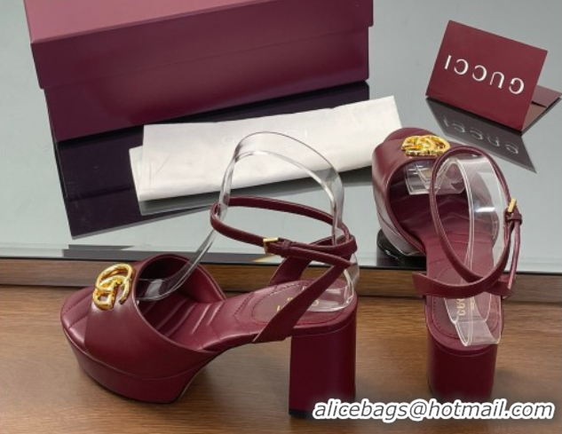 Luxurious Gucci Leather Platform Sandals 8.5cm with Double G Burgundy 50711154