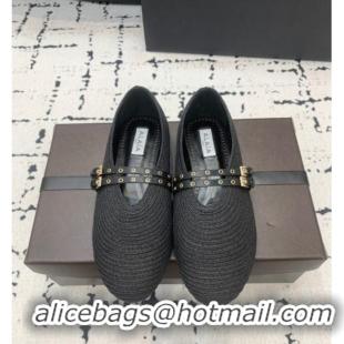 ​Low Cost Alaia Ballet Flats in Raffia Straw with Double Buckle Strap 0810 Black 2024