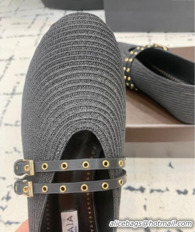 ​Low Cost Alaia Ballet Flats in Raffia Straw with Double Buckle Strap 0810 Black 2024