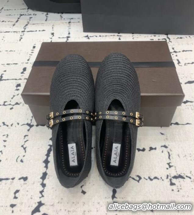 ​Low Cost Alaia Ballet Flats in Raffia Straw with Double Buckle Strap 0810 Black 2024