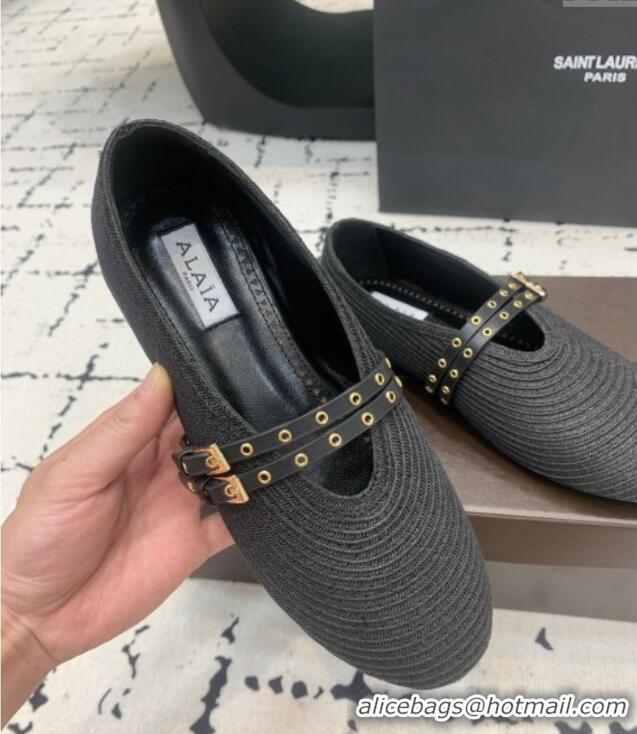 ​Low Cost Alaia Ballet Flats in Raffia Straw with Double Buckle Strap 0810 Black 2024