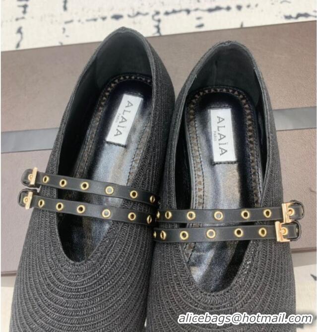 ​Low Cost Alaia Ballet Flats in Raffia Straw with Double Buckle Strap 0810 Black 2024