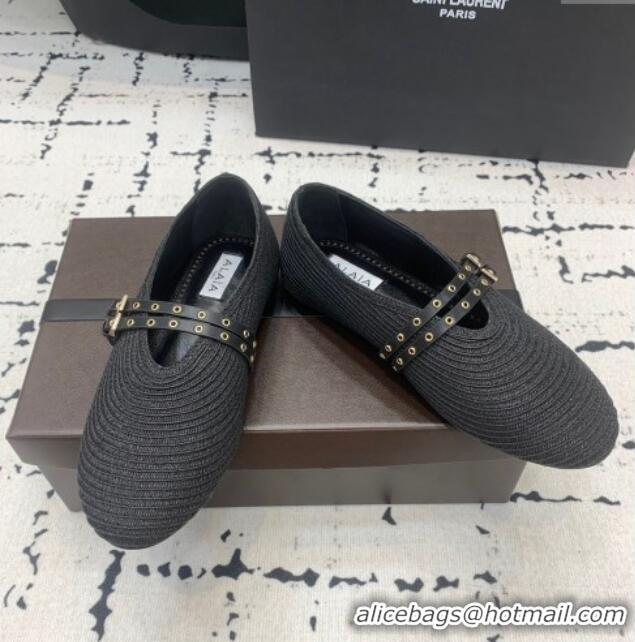 ​Low Cost Alaia Ballet Flats in Raffia Straw with Double Buckle Strap 0810 Black 2024