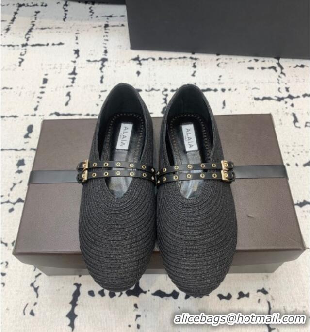 ​Low Cost Alaia Ballet Flats in Raffia Straw with Double Buckle Strap 0810 Black 2024
