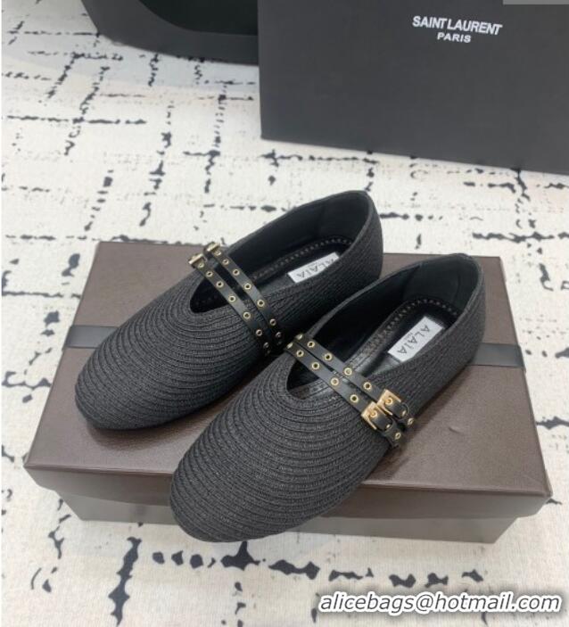 ​Low Cost Alaia Ballet Flats in Raffia Straw with Double Buckle Strap 0810 Black 2024