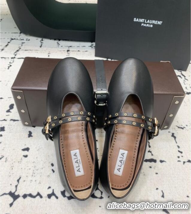 Promotional Alaia Ballet Flats in Calfskin Leather with Double Buckle Strap 0810 Black 2024