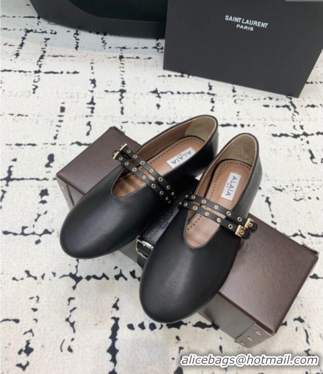 Promotional Alaia Ballet Flats in Calfskin Leather with Double Buckle Strap 0810 Black 2024