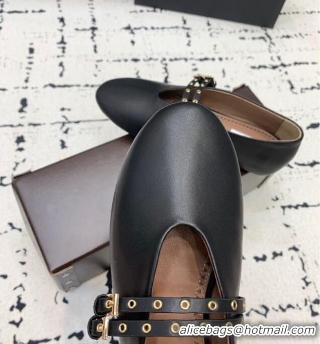 Promotional Alaia Ballet Flats in Calfskin Leather with Double Buckle Strap 0810 Black 2024