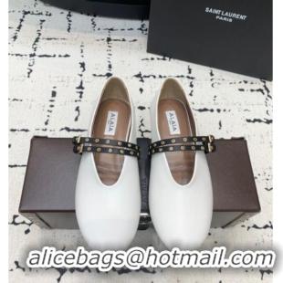 Luxury Discount Alaia Ballet Flats in Calfskin Leather with Double Buckle Strap 0810 White 2024