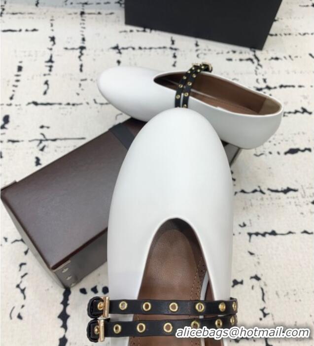 Luxury Discount Alaia Ballet Flats in Calfskin Leather with Double Buckle Strap 0810 White 2024
