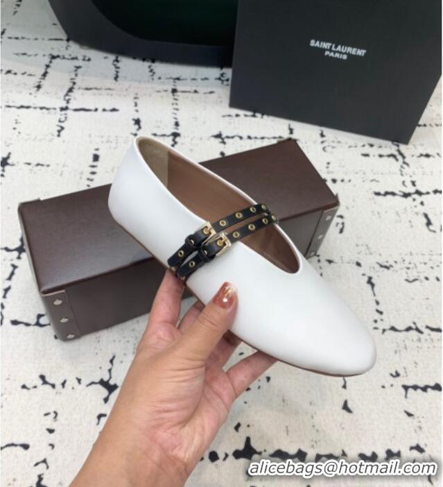 Luxury Discount Alaia Ballet Flats in Calfskin Leather with Double Buckle Strap 0810 White 2024