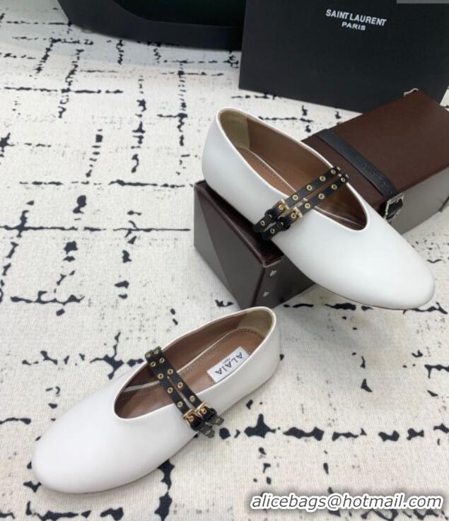 Luxury Discount Alaia Ballet Flats in Calfskin Leather with Double Buckle Strap 0810 White 2024