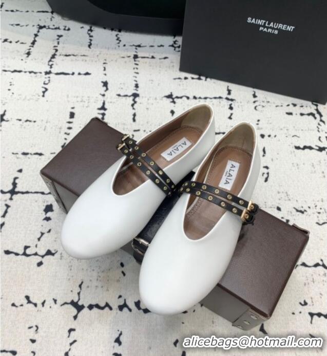 Luxury Discount Alaia Ballet Flats in Calfskin Leather with Double Buckle Strap 0810 White 2024