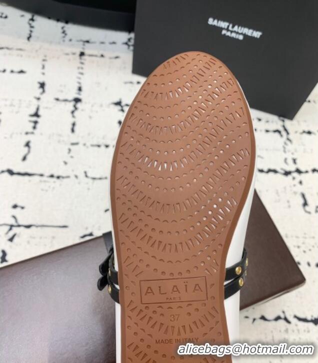 Luxury Discount Alaia Ballet Flats in Calfskin Leather with Double Buckle Strap 0810 White 2024