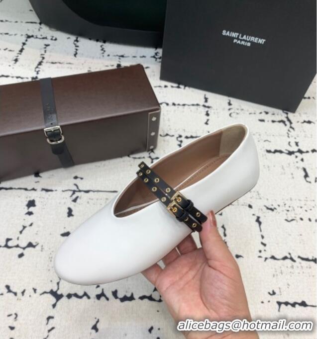 Luxury Discount Alaia Ballet Flats in Calfskin Leather with Double Buckle Strap 0810 White 2024