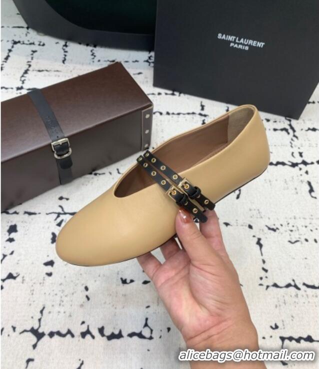 ​Good Taste Alaia Ballet Flats in Calfskin Leather with Double Buckle Strap 0810 Beige 2024
