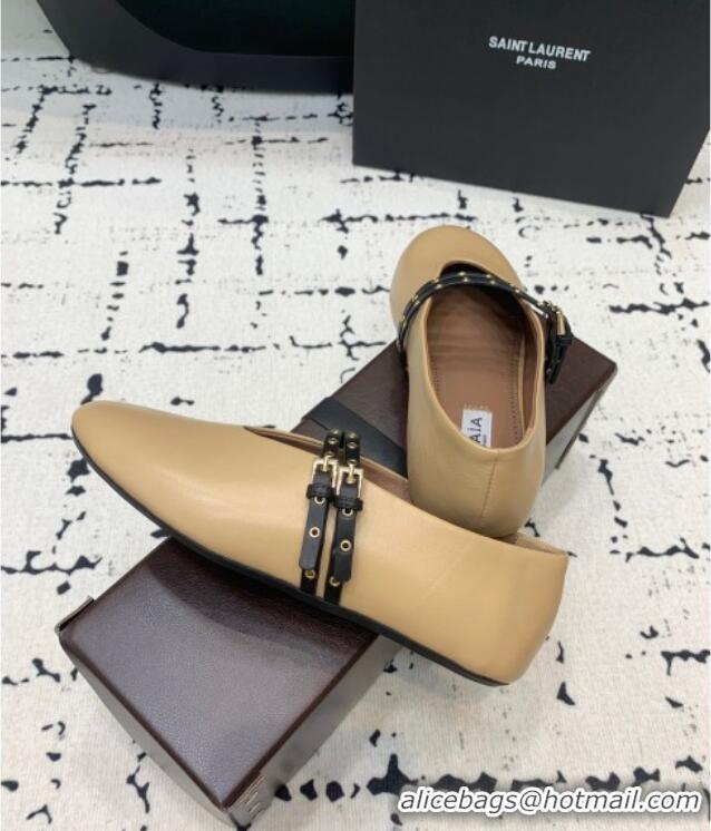 ​Good Taste Alaia Ballet Flats in Calfskin Leather with Double Buckle Strap 0810 Beige 2024