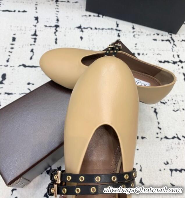 ​Good Taste Alaia Ballet Flats in Calfskin Leather with Double Buckle Strap 0810 Beige 2024