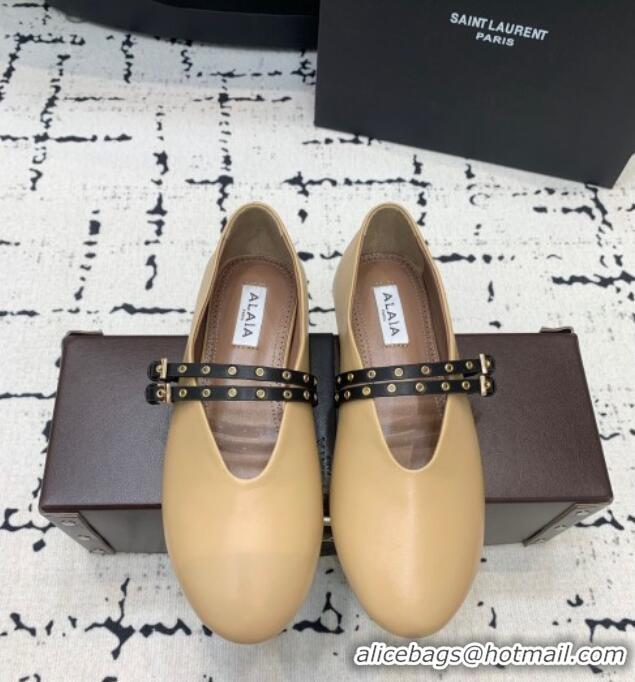 ​Good Taste Alaia Ballet Flats in Calfskin Leather with Double Buckle Strap 0810 Beige 2024