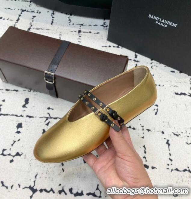 ​Good Looking Alaia Ballet Flats in Calfskin Leather with Double Buckle Strap 0810 Gold 2024