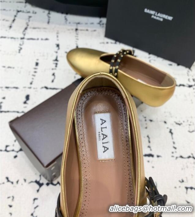 ​Good Looking Alaia Ballet Flats in Calfskin Leather with Double Buckle Strap 0810 Gold 2024