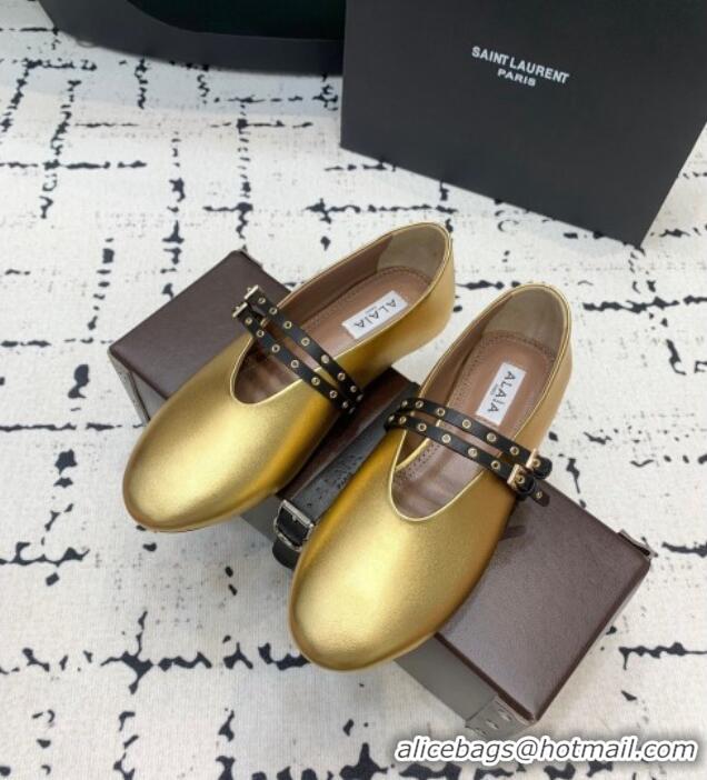 ​Good Looking Alaia Ballet Flats in Calfskin Leather with Double Buckle Strap 0810 Gold 2024