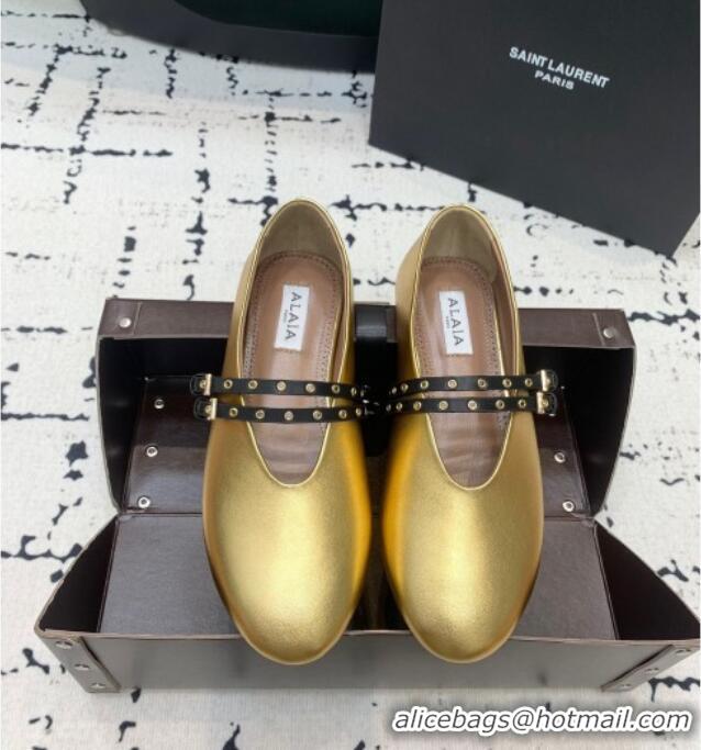​Good Looking Alaia Ballet Flats in Calfskin Leather with Double Buckle Strap 0810 Gold 2024
